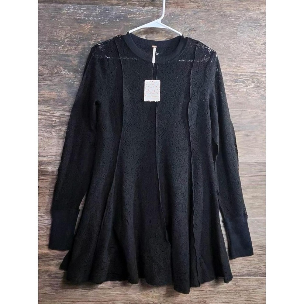 Free People Black Lace Panel Long Sleeve Blouse